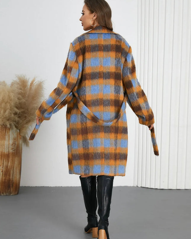 Tied Plaid Collared Neck Coat