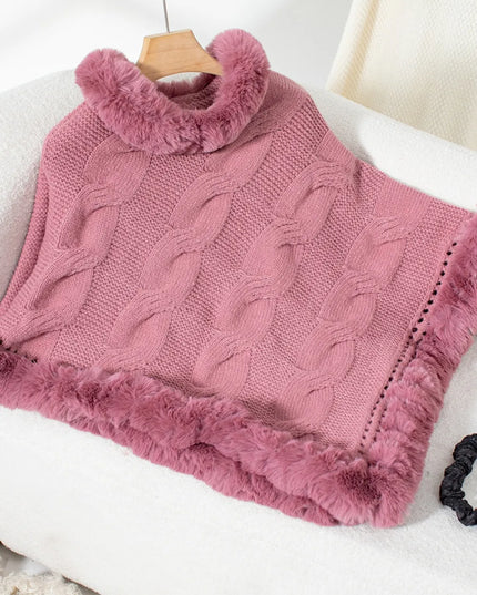 Fuzzy Hem Cable-Knit Poncho Dusty Pink One Size
