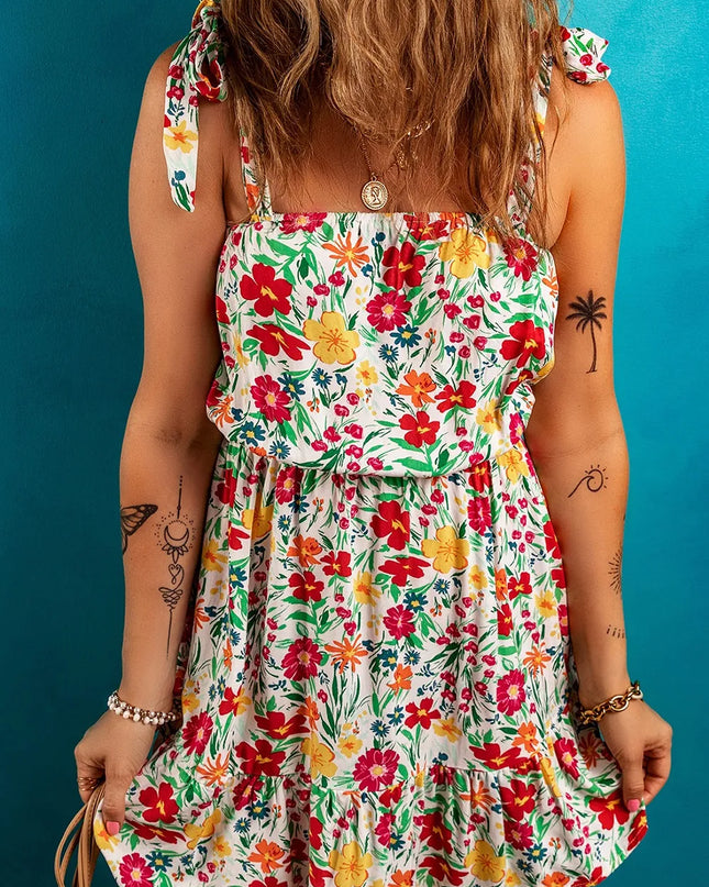 Floral Knotted Straps Cinched Waist Ruffle Hem Mini Dress