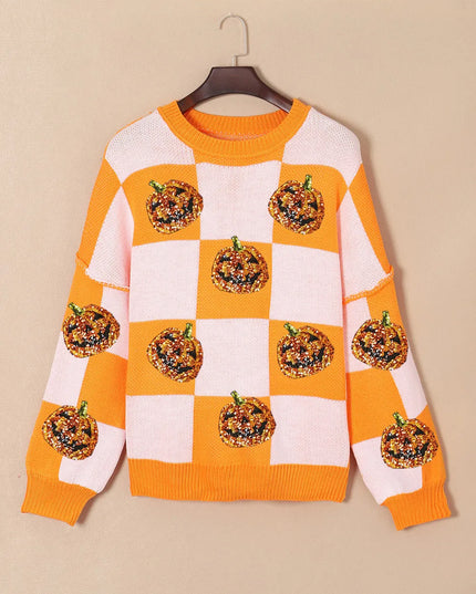 Pumpkin Checkered Round Neck Long Sleeve Sweater