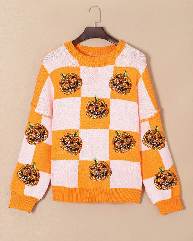 Pumpkin Checkered Round Neck Long Sleeve Sweater