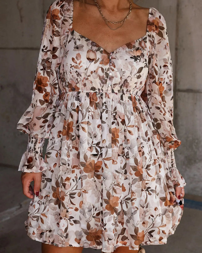 Floral Print Sweetheart Neck Long Sleeve High Waist Mini Dress