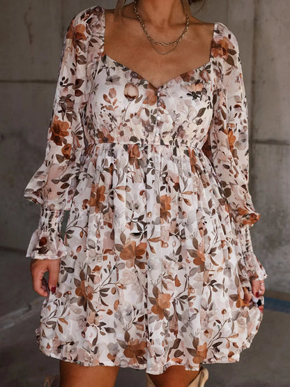 Floral Print Sweetheart Neck Long Sleeve High Waist Mini Dress