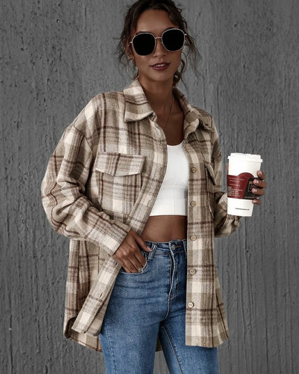 Plaid Button-Up Long Sleeve Shirt Khaki