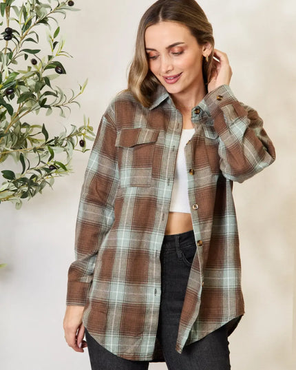 Mandy Plaid Dropped Shoulder Shirt Olive Brown