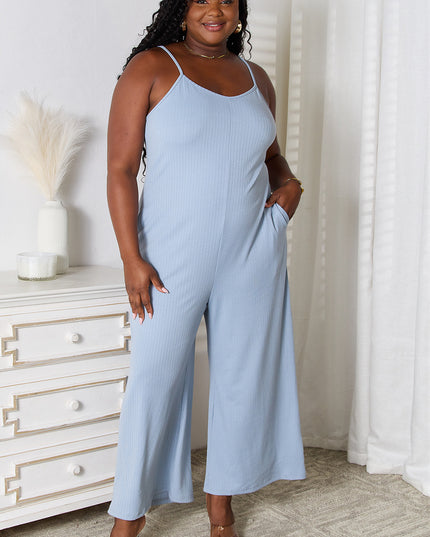 Basic Bae Full Size Spaghetti Strap V-Neck Jumpsuit Light Blue