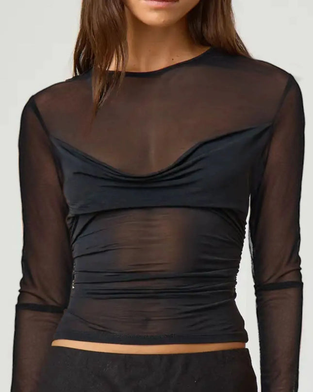 Ruched Mesh Long Sleeve Top