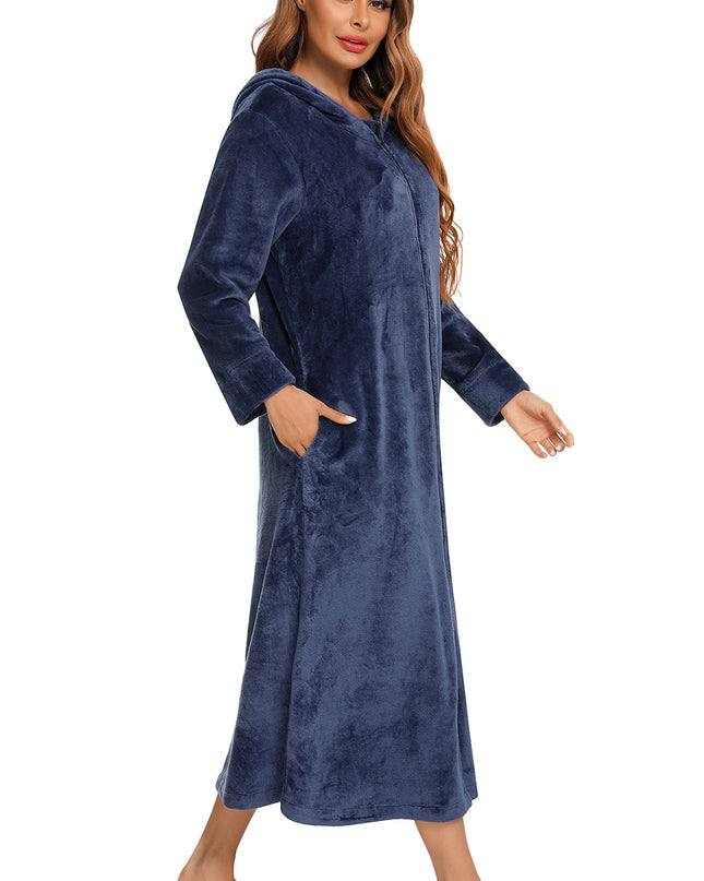 Zip Front Hooded Night Dress with Pockets