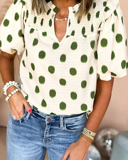 Polka Dot Shirred Yoke Notched Neck Puff Sleeve Blouse