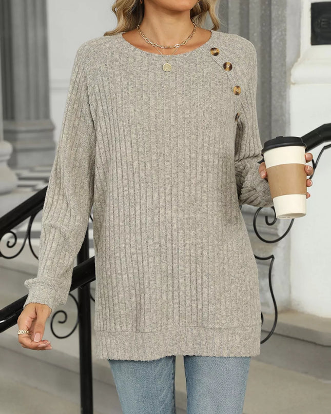 Ribbed Round Neck Long Sleeve T-Shirt