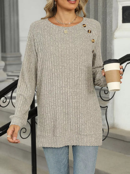 Ribbed Round Neck Long Sleeve T-Shirt