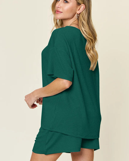 Double Take Basic style Round Neck Solid Set