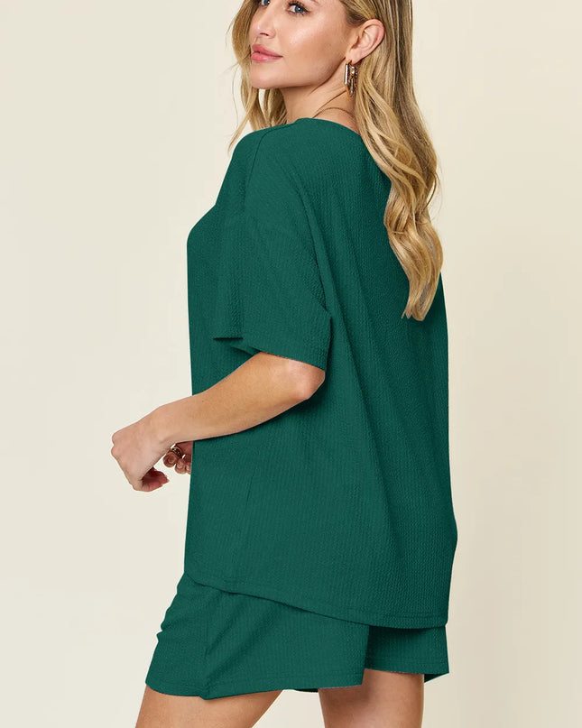 Double Take Basic style Round Neck Solid Set