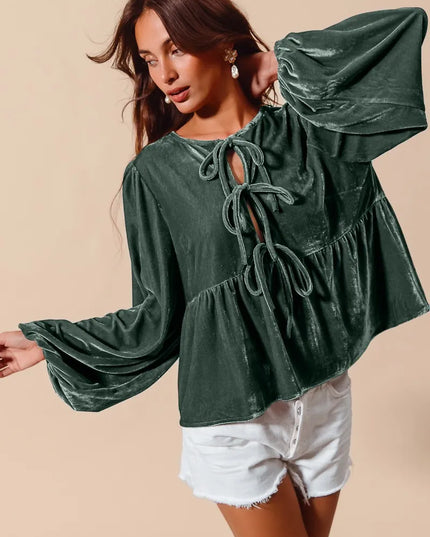 SO ME Spaghetti Strap Front Tie Velvet Holiday Blouse HUNTER