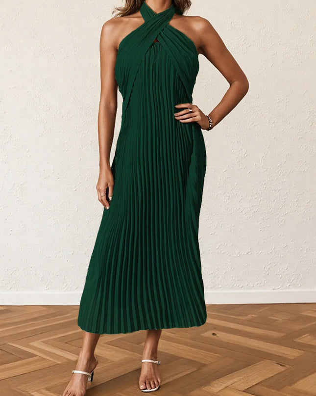 Pleated Halter Neck Midi Dress
