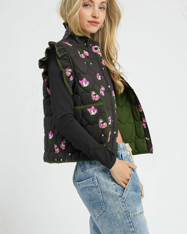 Umgee Ruffled Quilted Floral Snap Down Vest