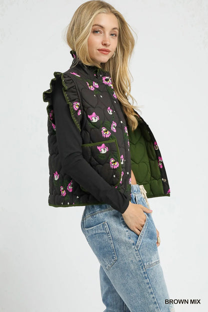 Umgee Ruffled Quilted Floral Snap Down Vest