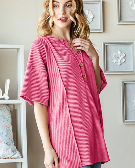 Heimish Full Size Ribbed Half Button Drop Shoulder Top