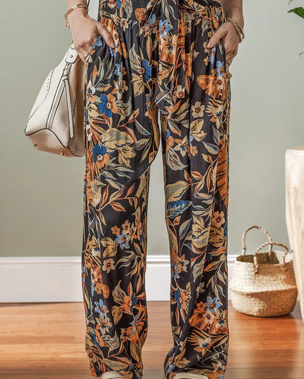Floral Shirred High Waist Wide Leg Pants with Tie