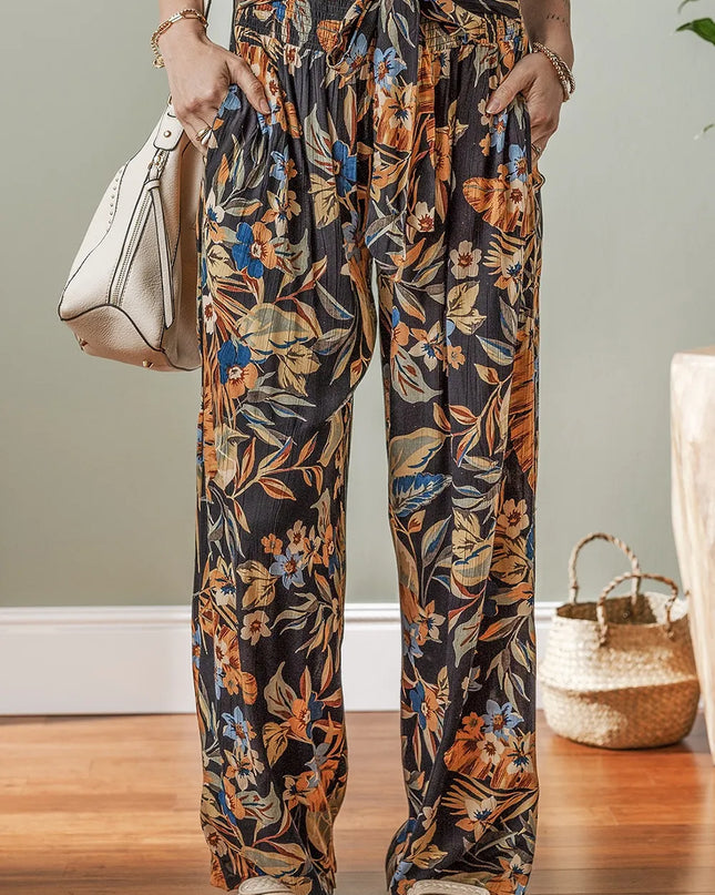 Floral Shirred High Waist Wide Leg Pants with Tie