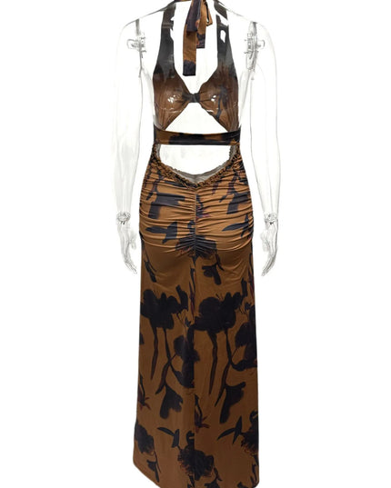 Cutout Printed Halter Neck Maxi Dress