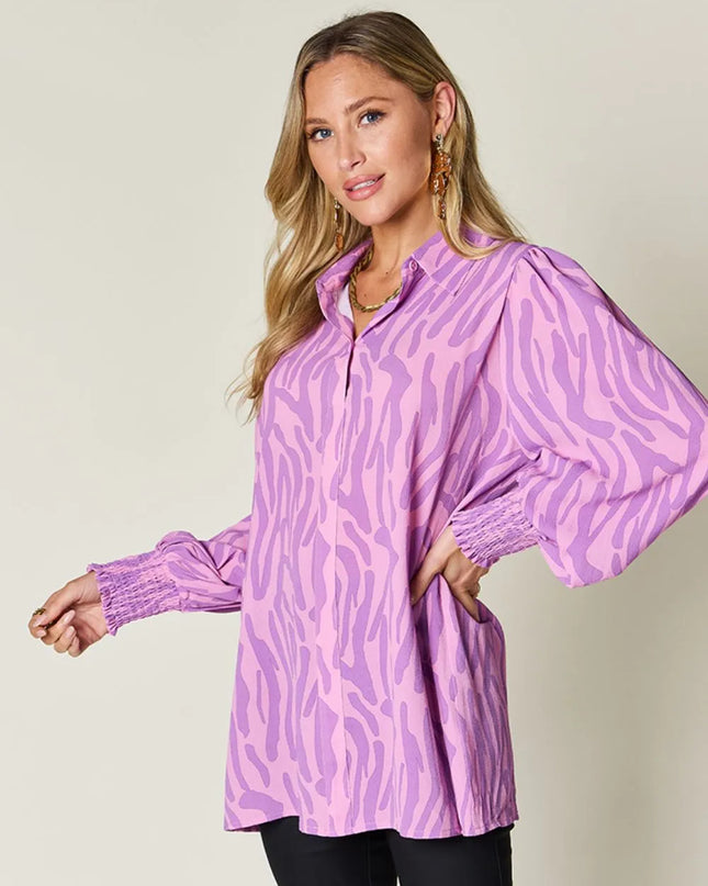 Double Take Full Size Printed Smocked Long Sleeve Blouse Plus Size