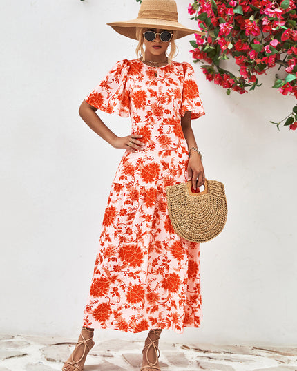Floral Round Neck Tied Open Back Dress Orange