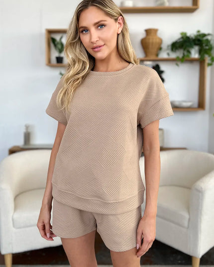 Double Take Full Size Texture Short Sleeve T-Shirt and Drawstring Shorts Set 