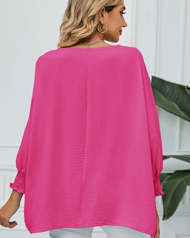 Smocked Lantern Sleeve Round Neck Blouse