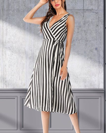 Striped Surplice Tied Sleeveless Dress