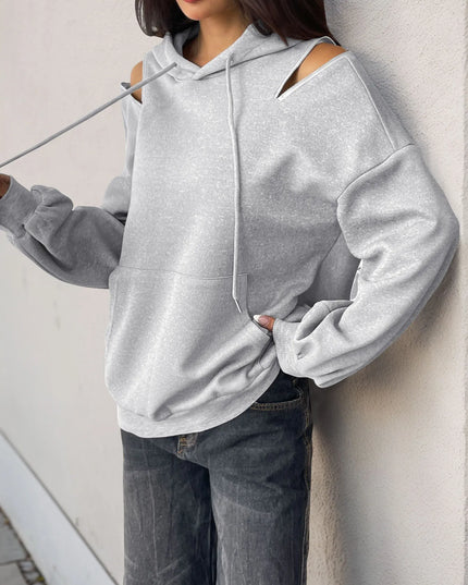Drawstring Zip Detail Cold Shoulder Hoodie