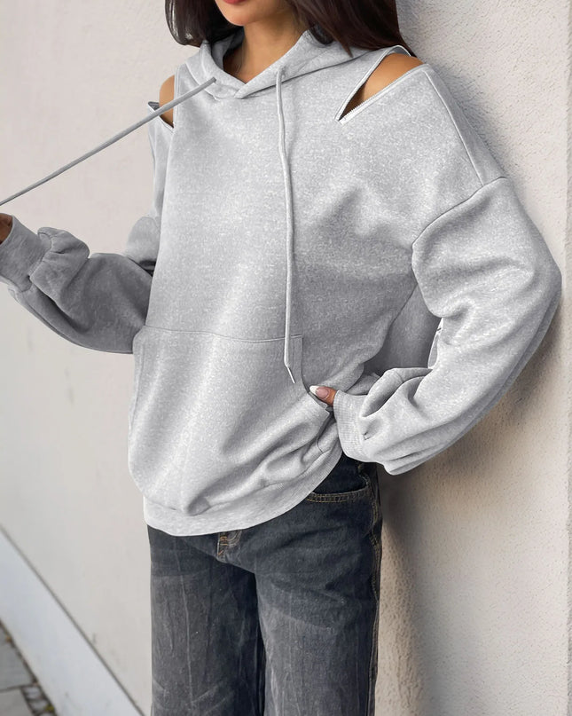 Drawstring Zip Detail Cold Shoulder Hoodie