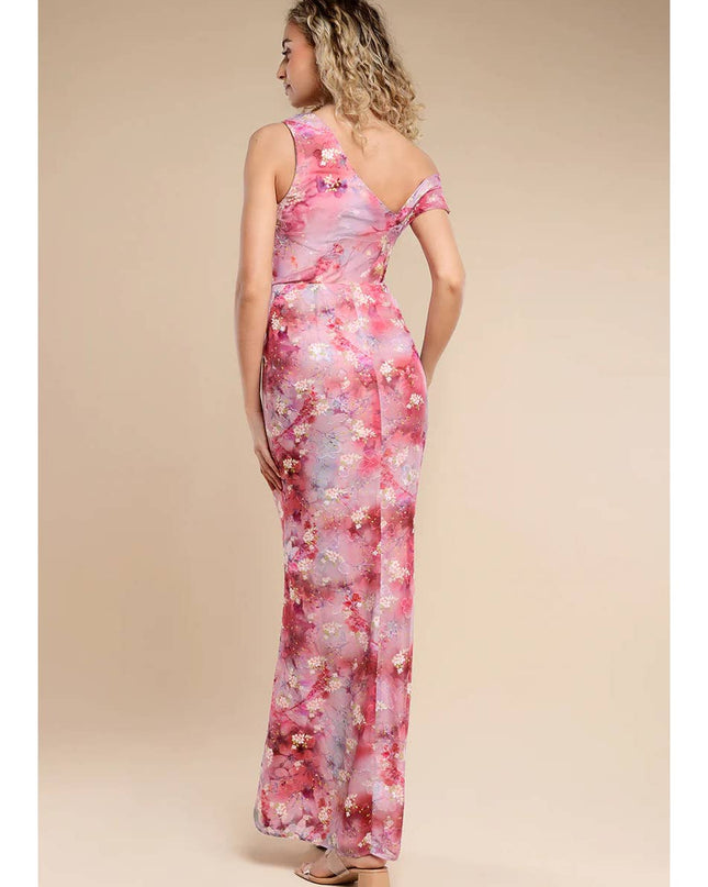 Goddiva One Shoulder Cowl Neck Chiffon Floral Maxi DR4555