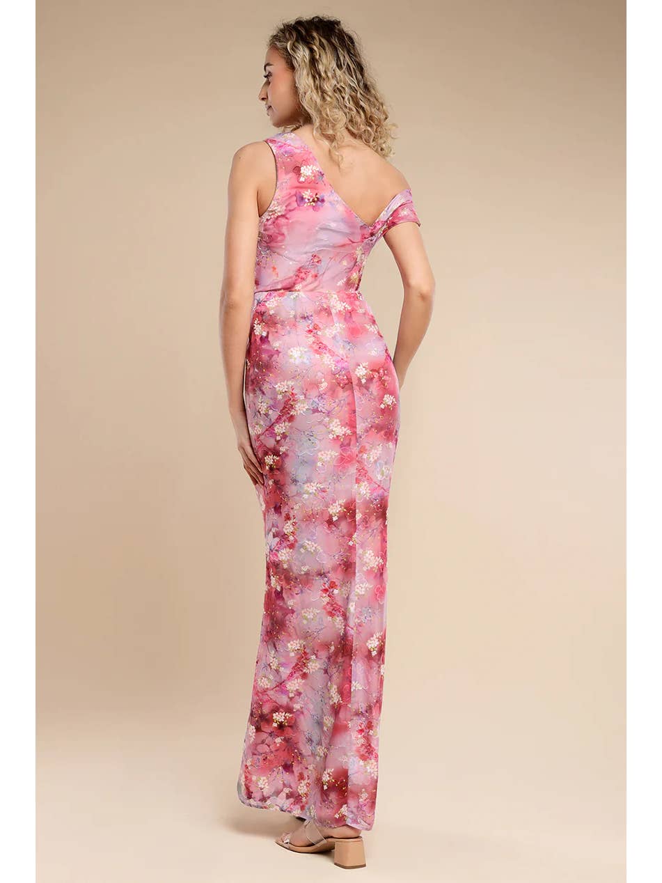 Goddiva One Shoulder Cowl Neck Chiffon Floral Maxi DR4555