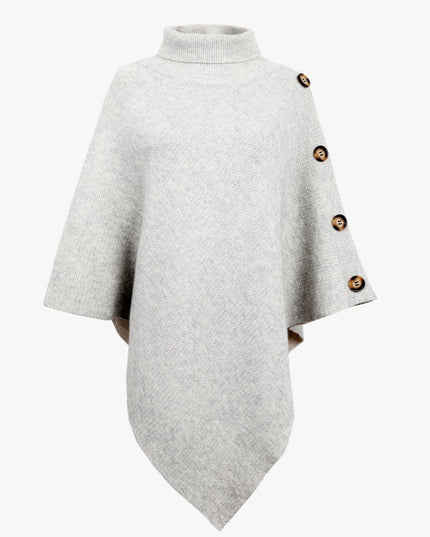 Turtleneck Buttoned Poncho Light Gray One Size