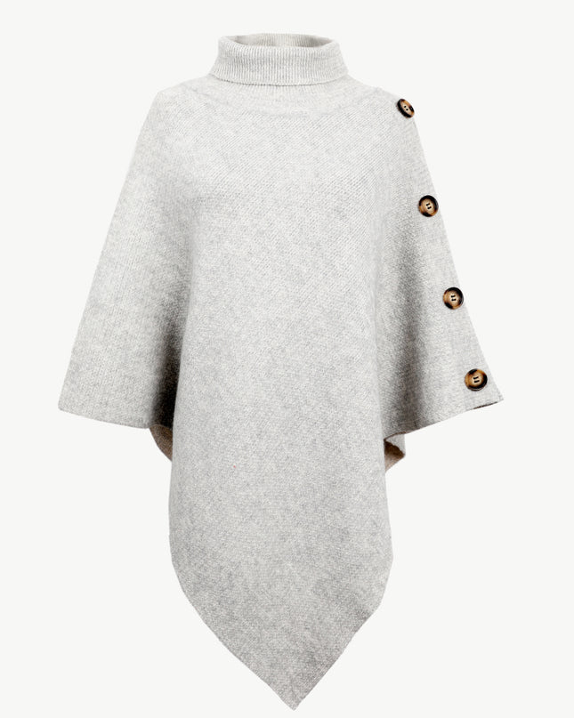 Turtleneck Buttoned Poncho Light Gray One Size