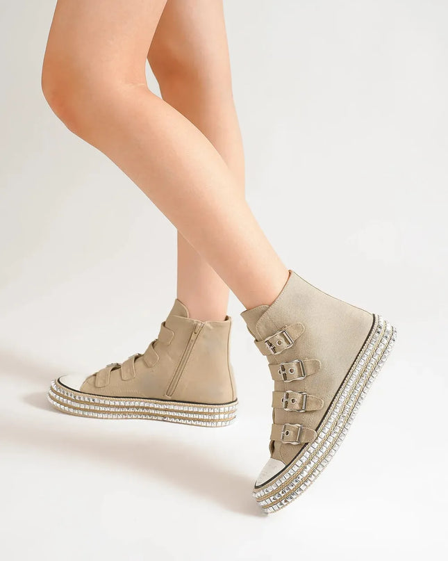 Beast Fashion Multi-Buckle Straps Studded Platform Sneakers Khaki