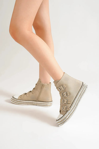 Beast Fashion Multi-Buckle Straps Studded Platform Sneakers Khaki