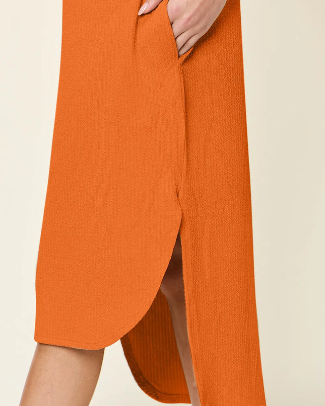 Double Take Full Size Round Neck Short Sleeve Slit Dress