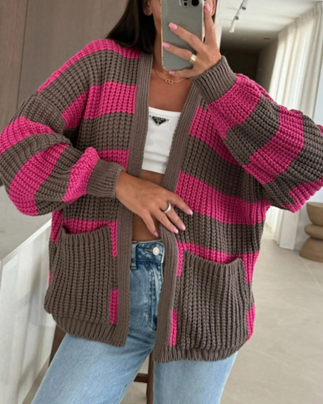 Striped Open Front Long Sleeve Cardigan