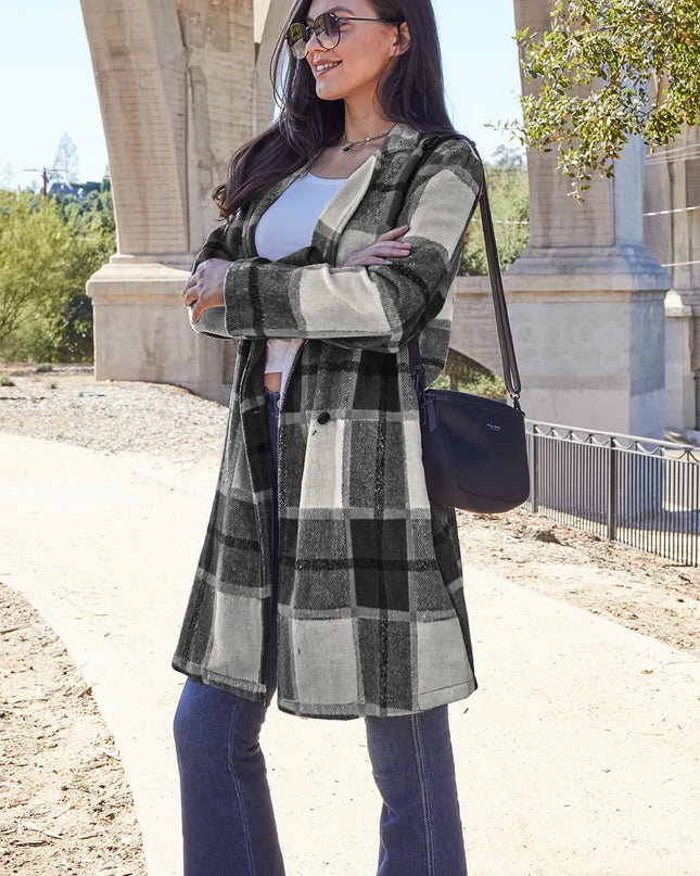 Double Take Full Size Plaid Button Up Lapel Collar Coat