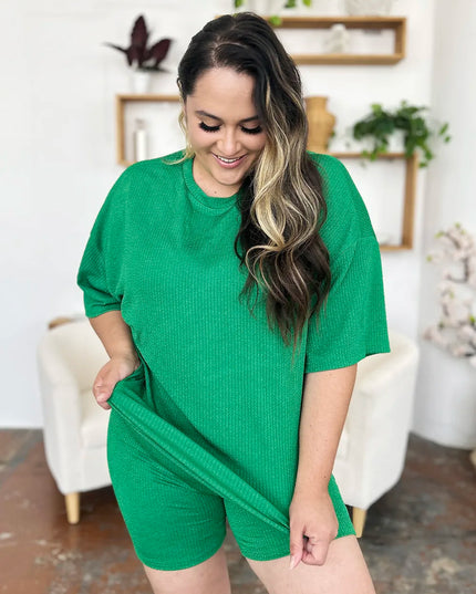 Double Take Full Size Texture Round Neck Drop Shoulder T-Shirt and Shorts Set 