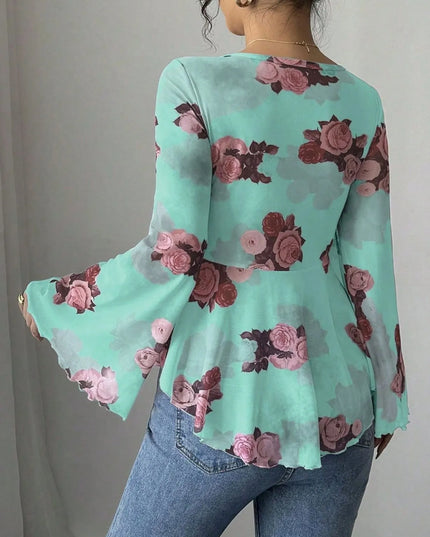 Floral Tie Front Flare Sleeve Blouse