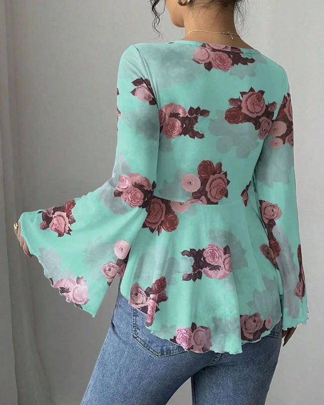 Floral Tie Front Flare Sleeve Blouse