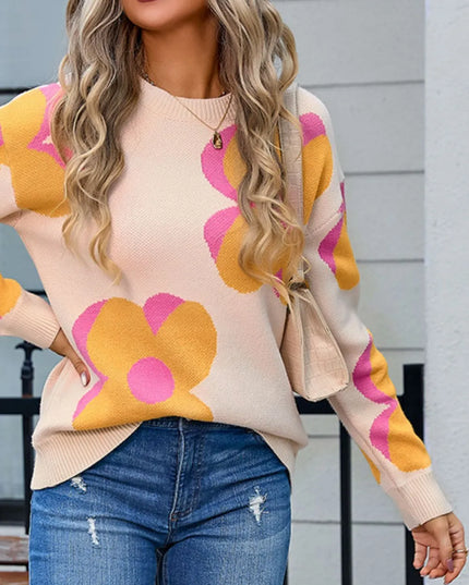 Angel Wings Flower Round Neck Long Sleeve Sweater Apricot