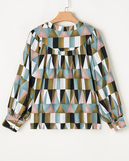 Geometric Print Buttoned Balloon Sleeve Loose Fit Shirt