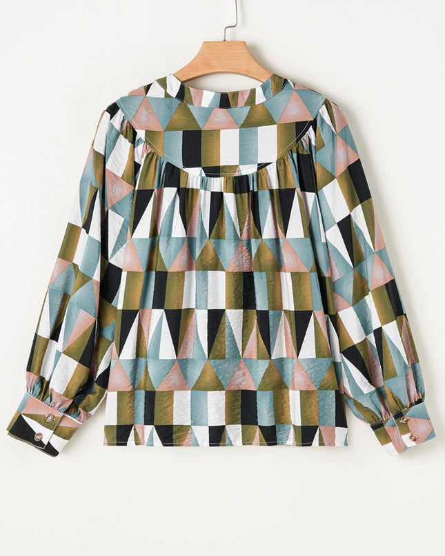 Geometric Print Buttoned Balloon Sleeve Loose Fit Shirt