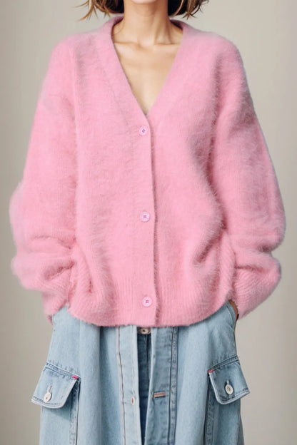 Button Up Dropped Shoulder Cardigan Blush Pink