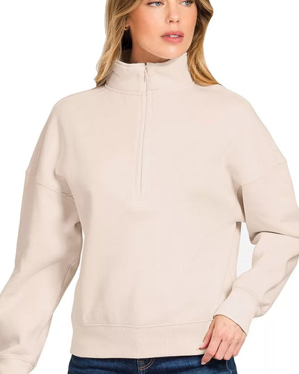 Zenana Fleece High Neck Half Zip Sweatshirt SAND BEIGE