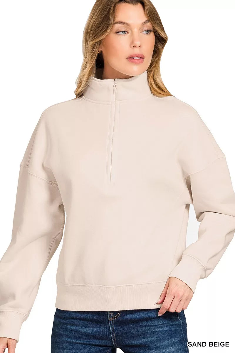Zenana Fleece High Neck Half Zip Sweatshirt SAND BEIGE